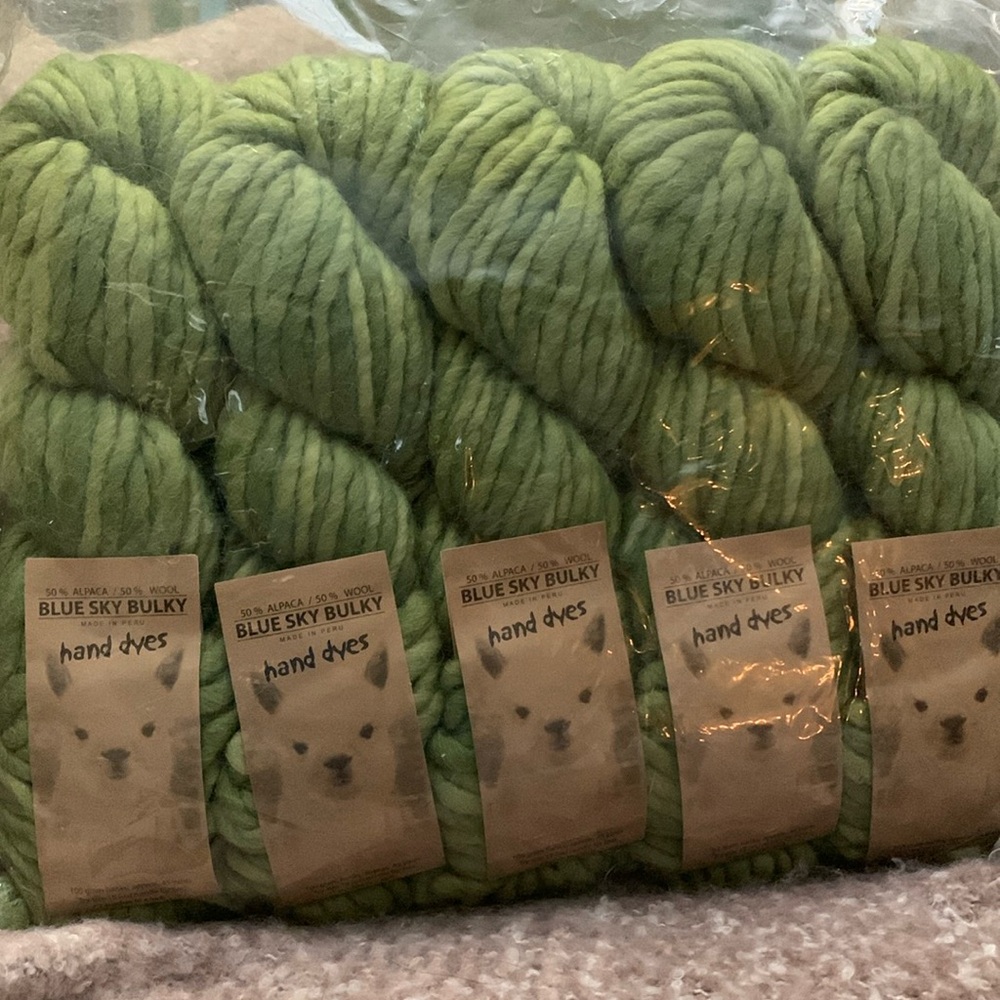 5 skeins olive green Blue Sky Bulky (45 yds each)In bag, unused